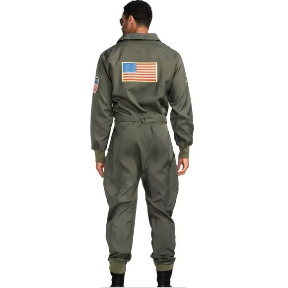 Tipsy Elves Mens Flight Suit Jumpsuit Olive Green Pilot Costume USA Patches M - Picture 2 of 12